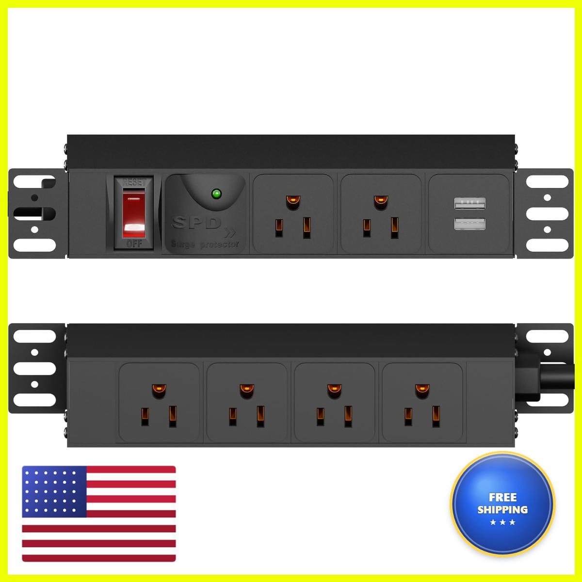 GUITK 10 inch Rack PDU 1U 6 Outlets 2 Front 4 Back Surge Protected 14AWG