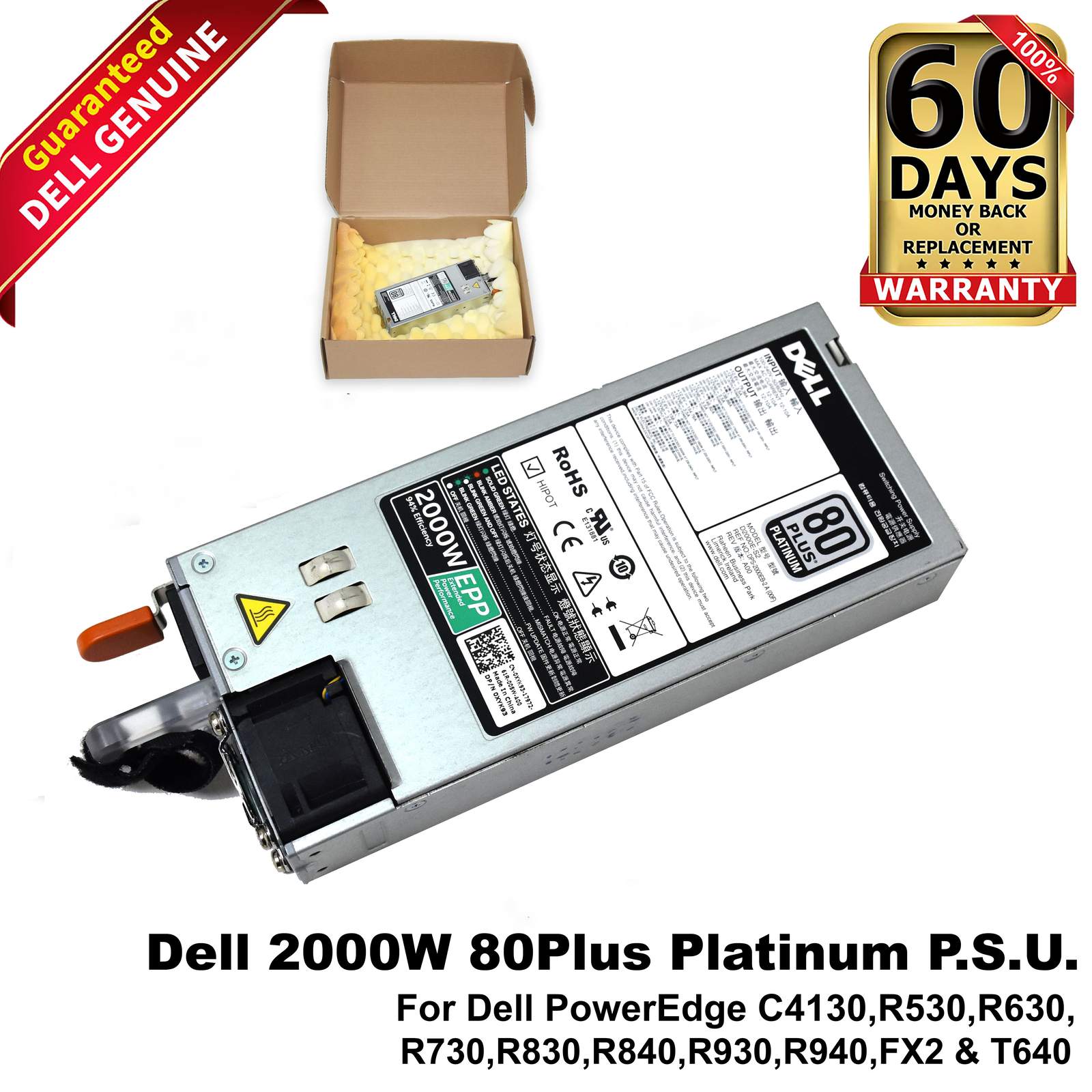 Dell EMC PowerEdge R530 R930 2000W 80+ Platinum PSU Server Power Supply XYK93