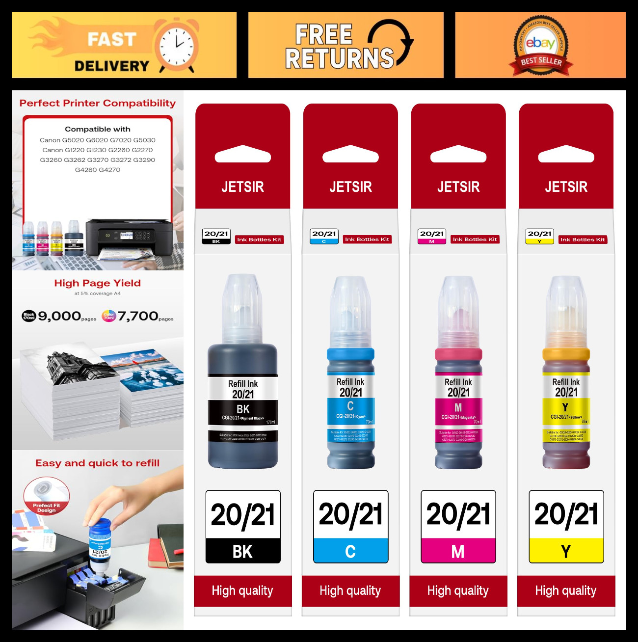 GI20 GI21 Ink Refill Bottles Kit for Canon PIXMA G Series - 4-Pack, 170ML Black,