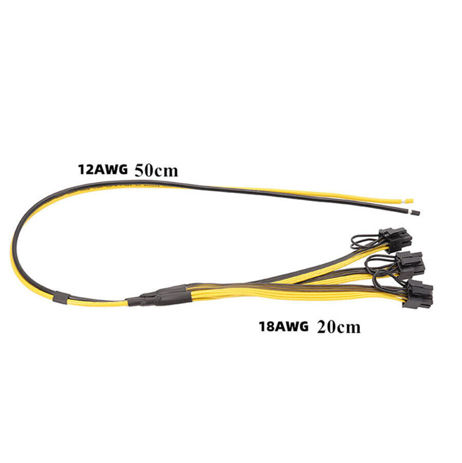 5Pcs Power Supply Cable 1 to 3 6p+2p Miner Adapter Cable 8pin GPU 12AWG + 18AWG