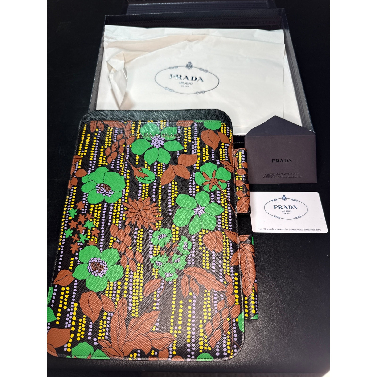 Prada Saffiano Leather Floral Print iPad Tablet Case NWT Full Inclusion Box Auth
