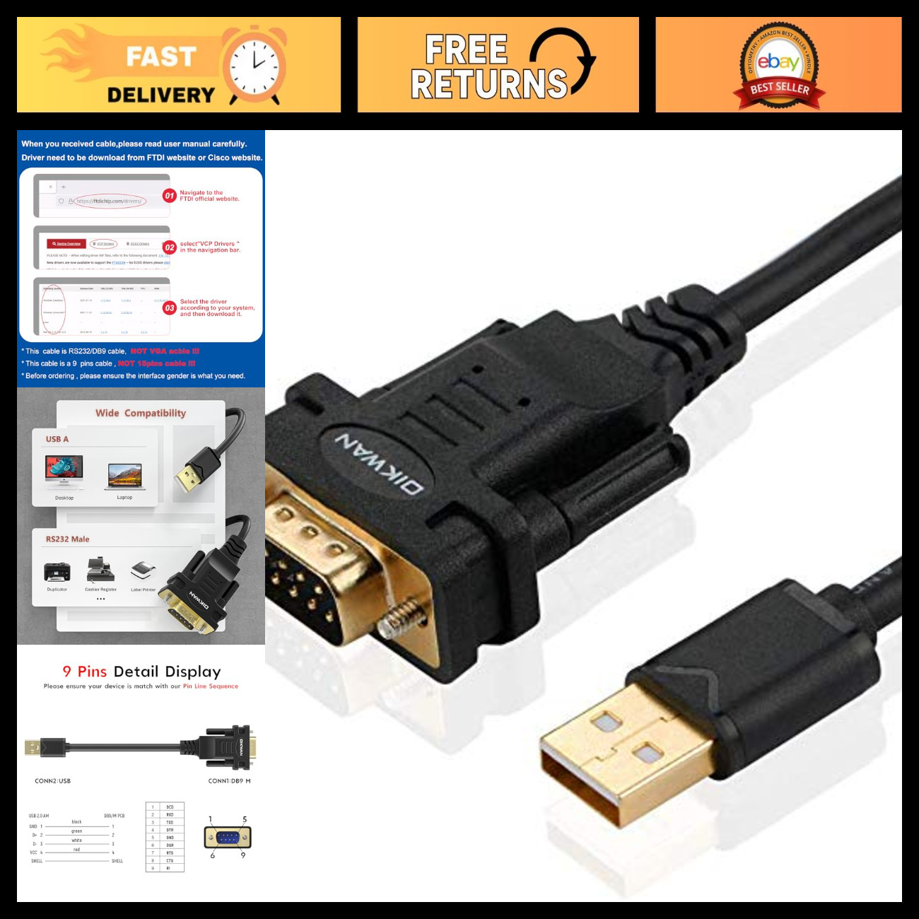 USB to RS232 Serial Adapter, FTDI Chip, USB 2.0 Male DB9 Cable for Windows & Mac