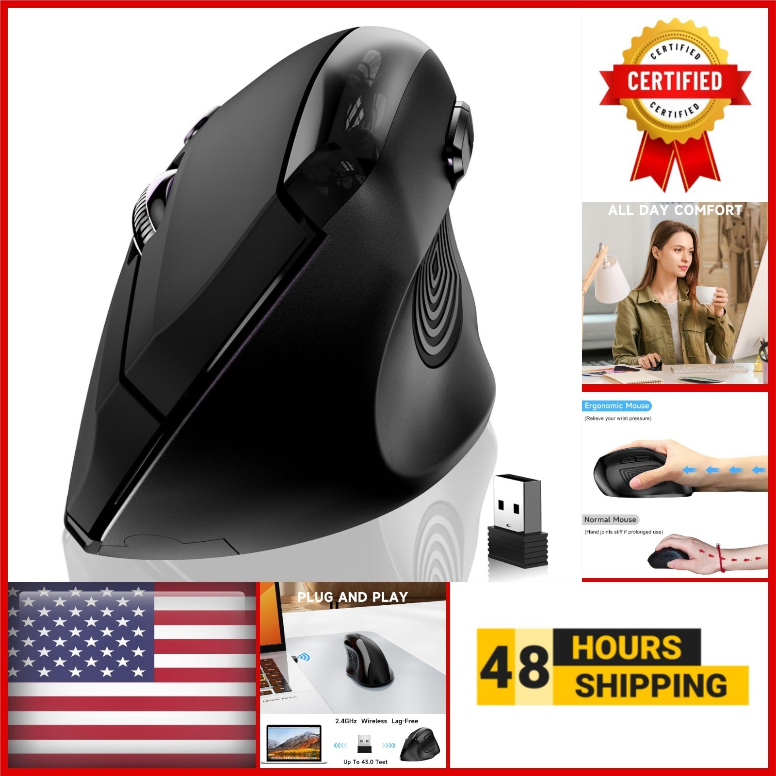 memzuoix Ergonomic Wireless Mouse 2.4G Optical Vertical Mouse for Laptop PC Mac