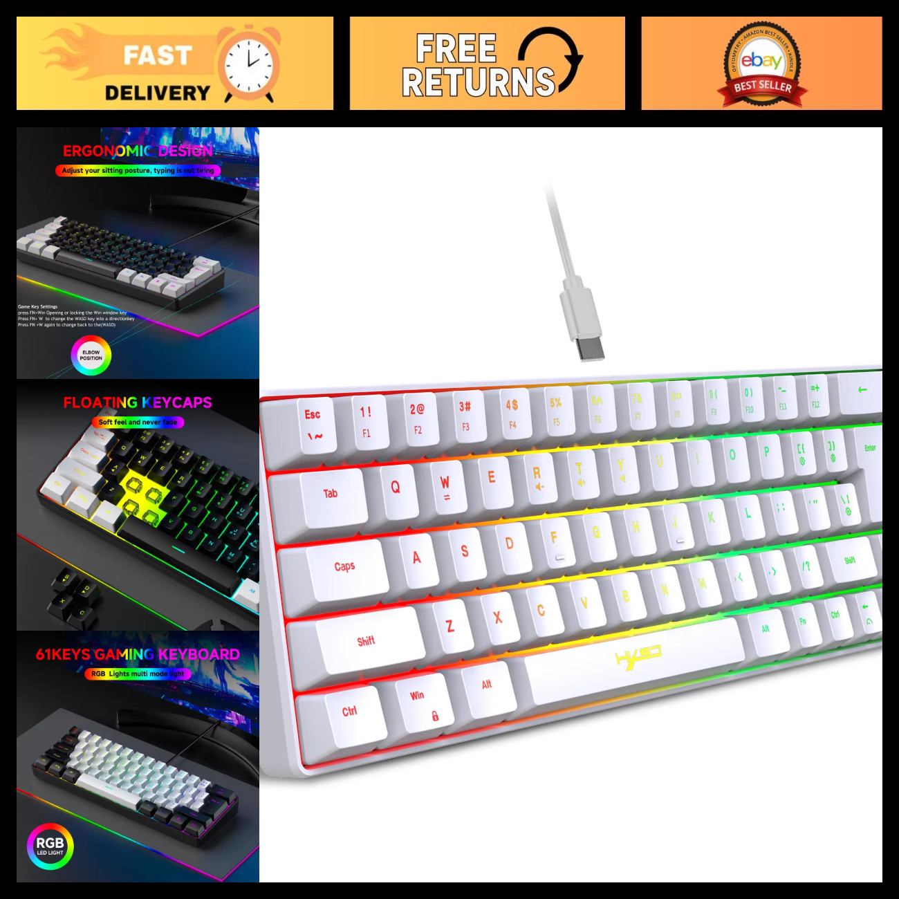 Compact Wired Mini Game Keyboard 61 Keys RGB Backlit, Red/Blue Switches, Office
