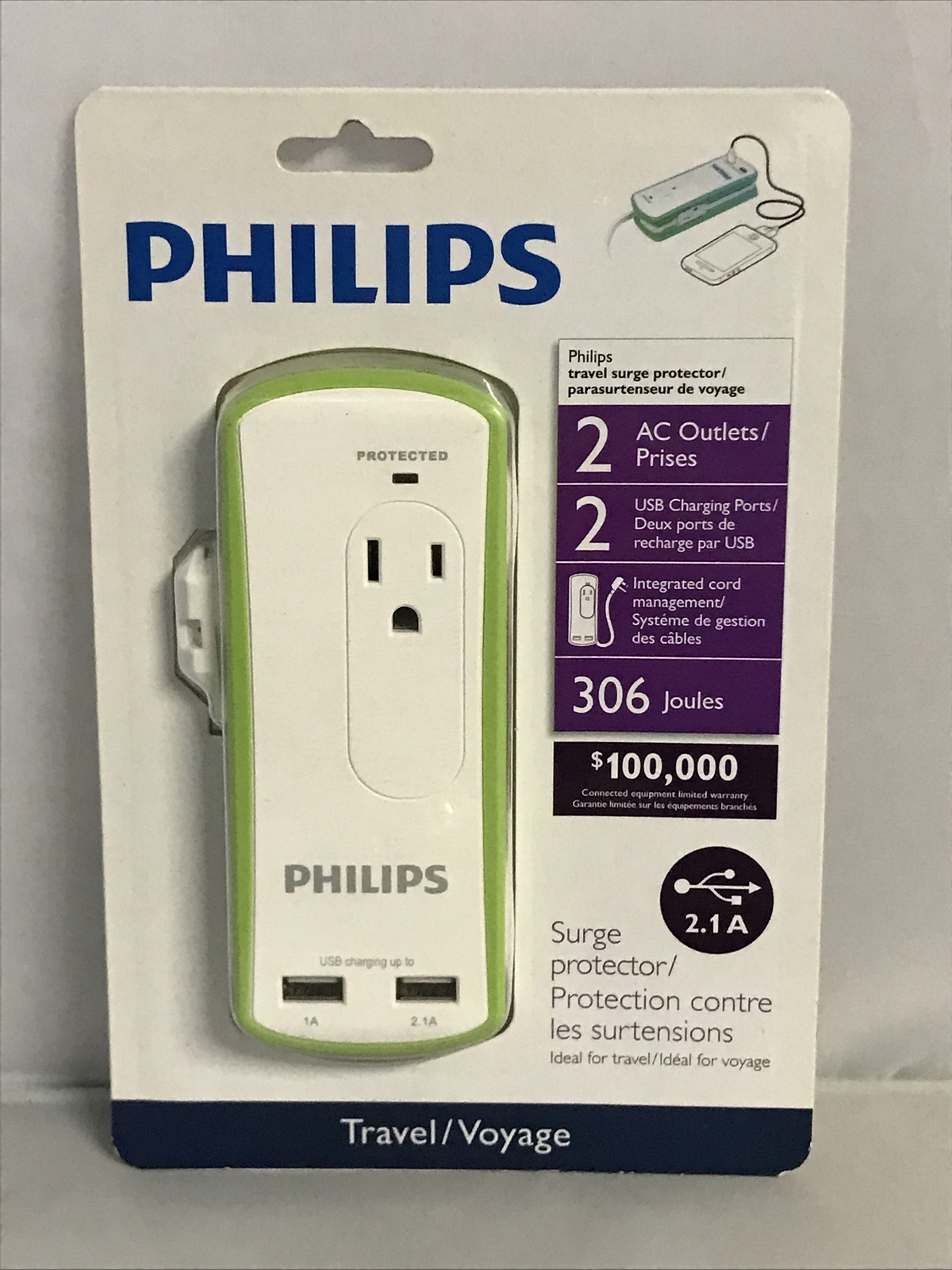 Philips Travel Surge Protector, 2 AC Outlets, 2 USB Charging Ports, 2.1 A