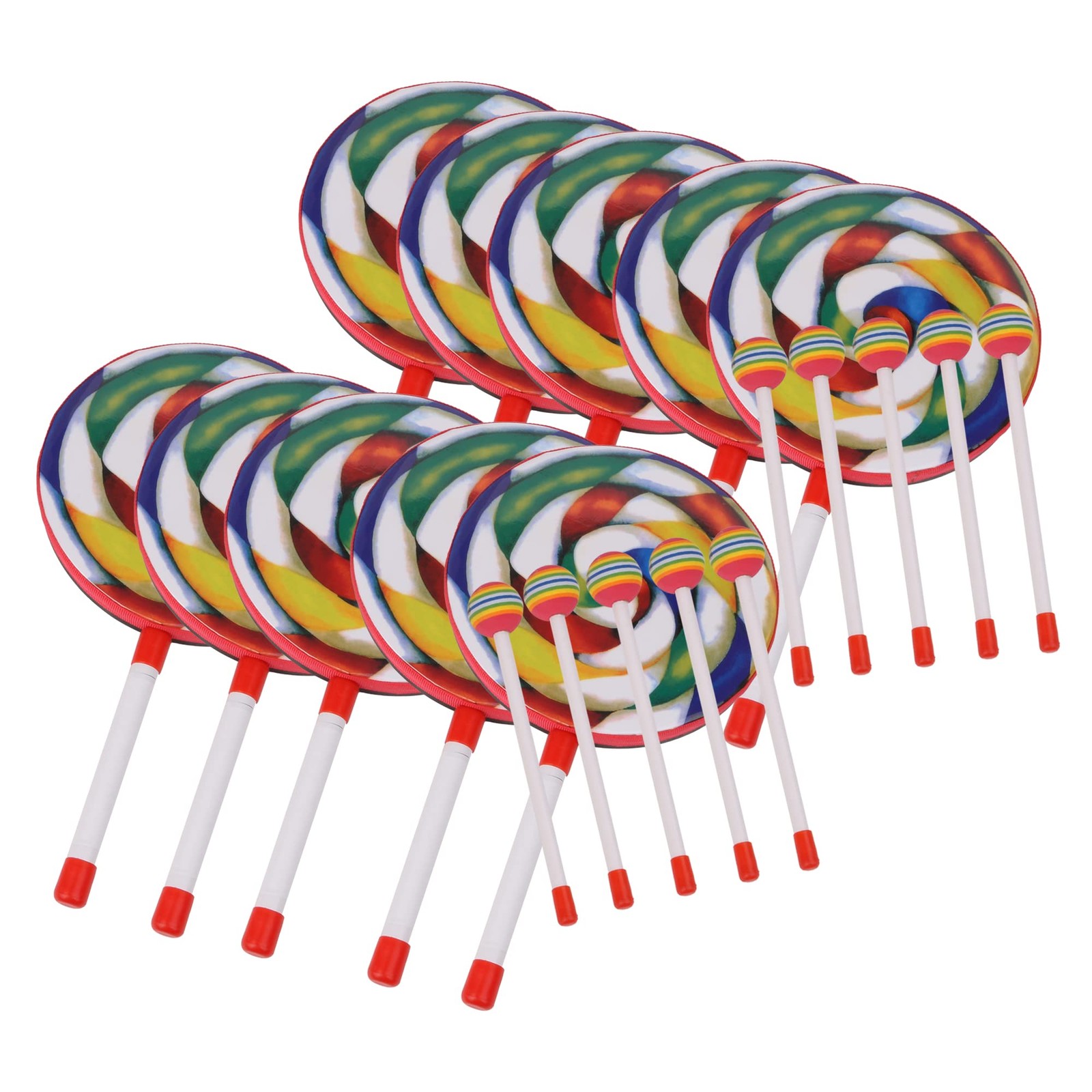 Plastic Hand Drum with Colorful Hammer Musical Instrument 7.9x14.3" Pack of 10