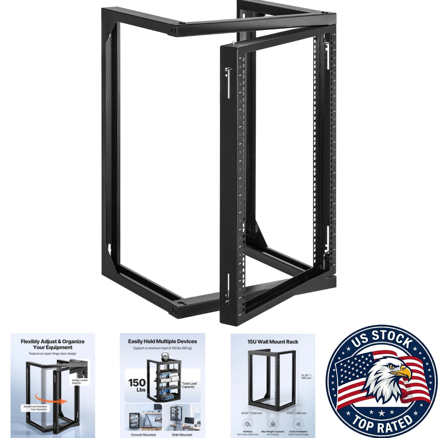 Versatile 15U Open Frame Network Rack with 180-Degree Swing & Durable Design