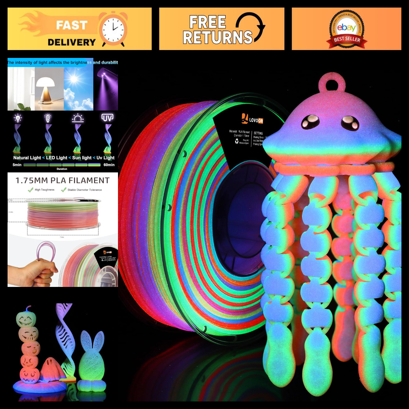 Glow in the Dark 3D Printer Filament, Luminous Rainbow, 1KG, High-Quality Materi