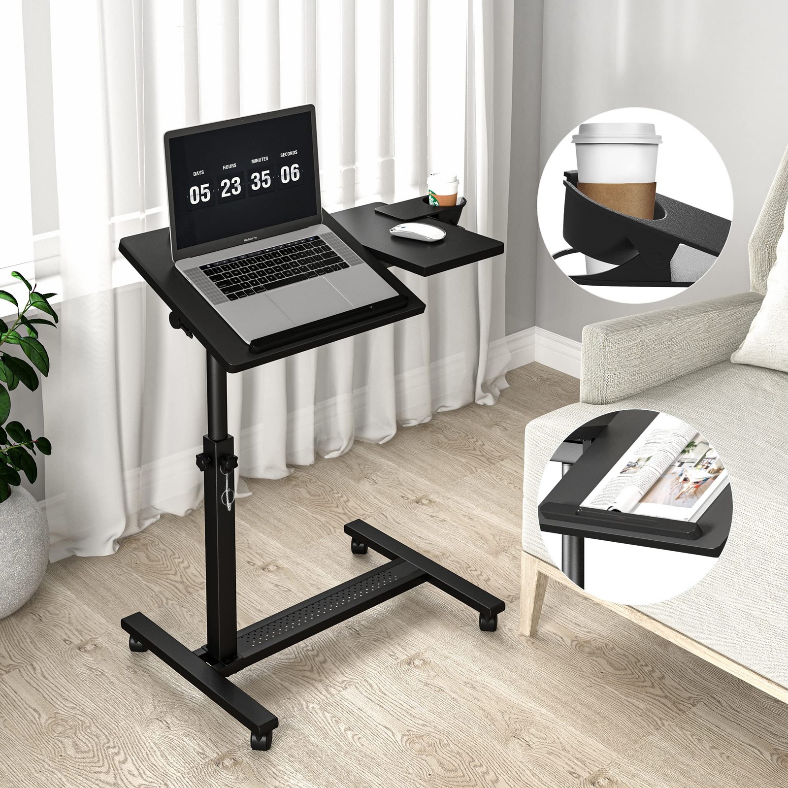 Height Adjustable Rolling Laptop Stand, Overbed Table with 2 Tilting Desktops...