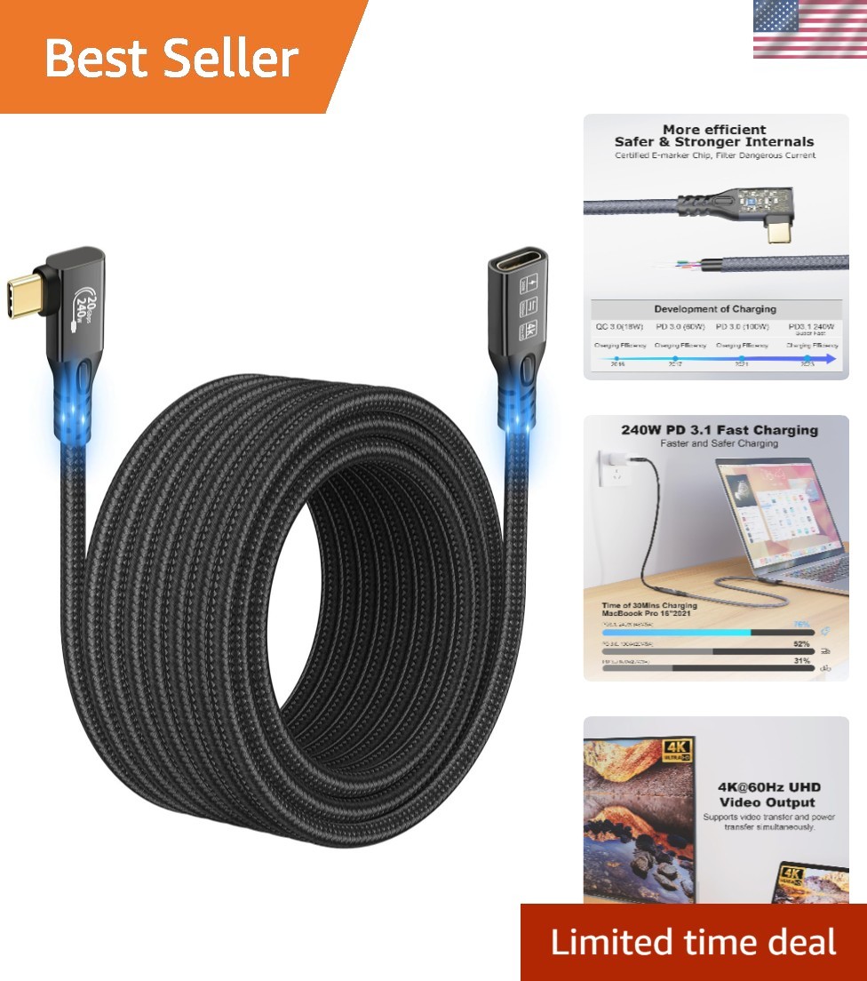 Braided 90 Degree USB C 3.2 Extender Cable - 20Gbps Data and 240W Charging