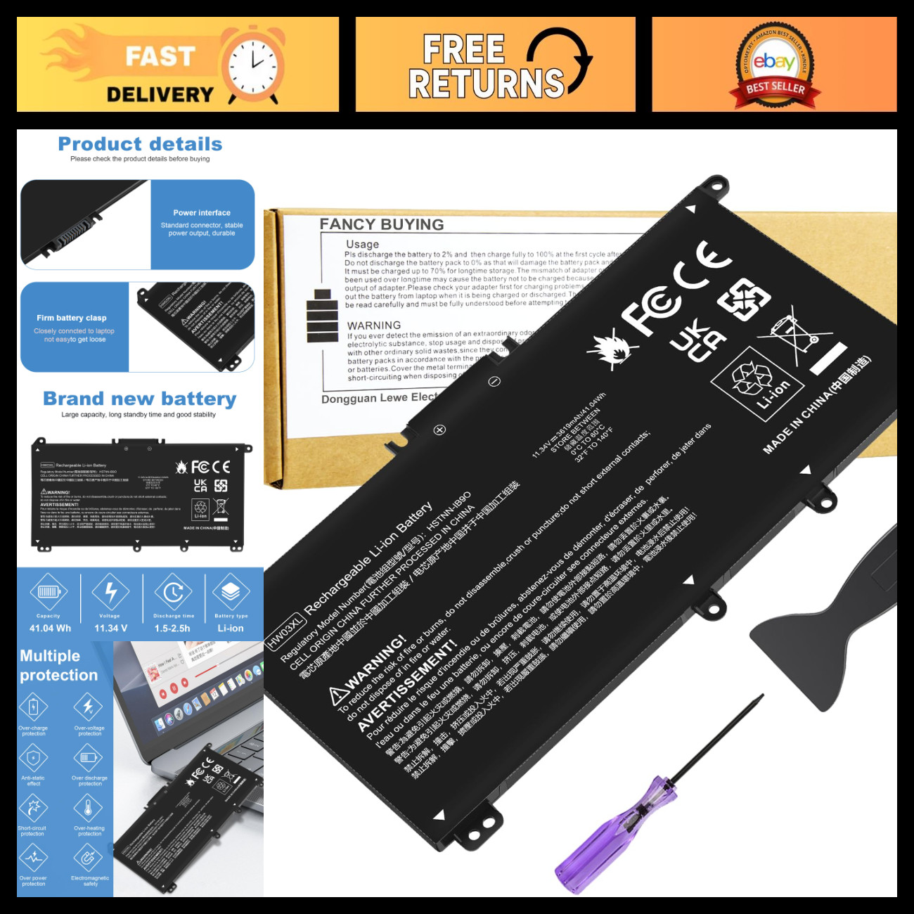 High-Capacity Laptop Battery 41.04Wh for HP Pavilion 15-EG 15-EH 17-CN Series