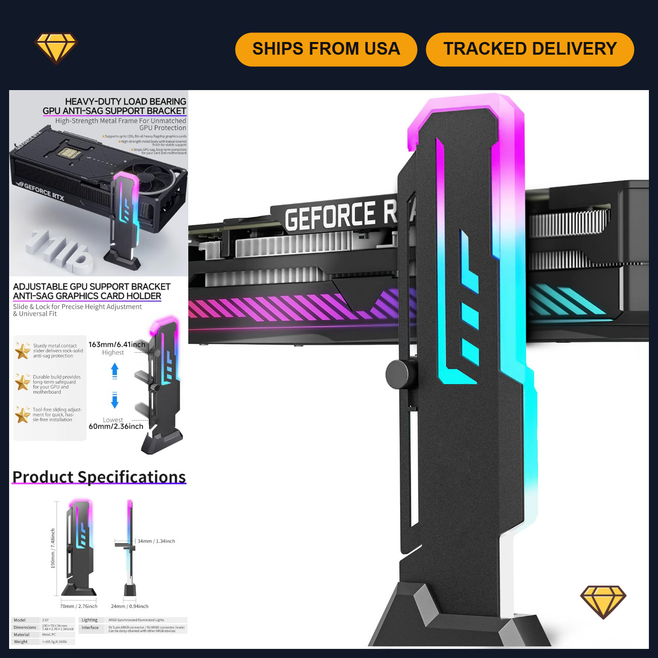 Adjustable GPU Support Bracket - Anti Sag Stand for Heavy-Duty Graphics Cards, R