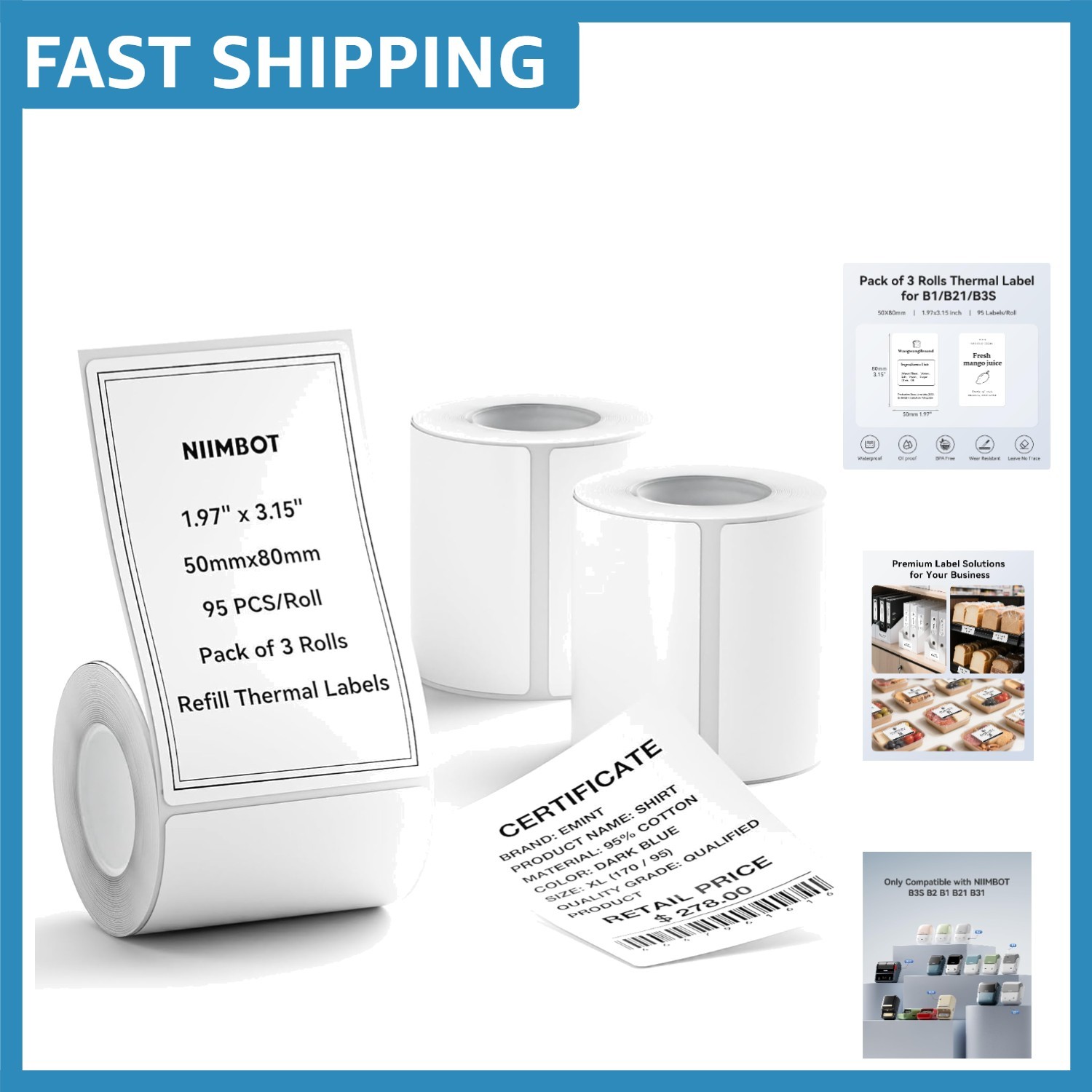 3-Roll Waterproof Thermal Labels 2" x 3.2" for B1/B21/B31 - 285 Labels Total