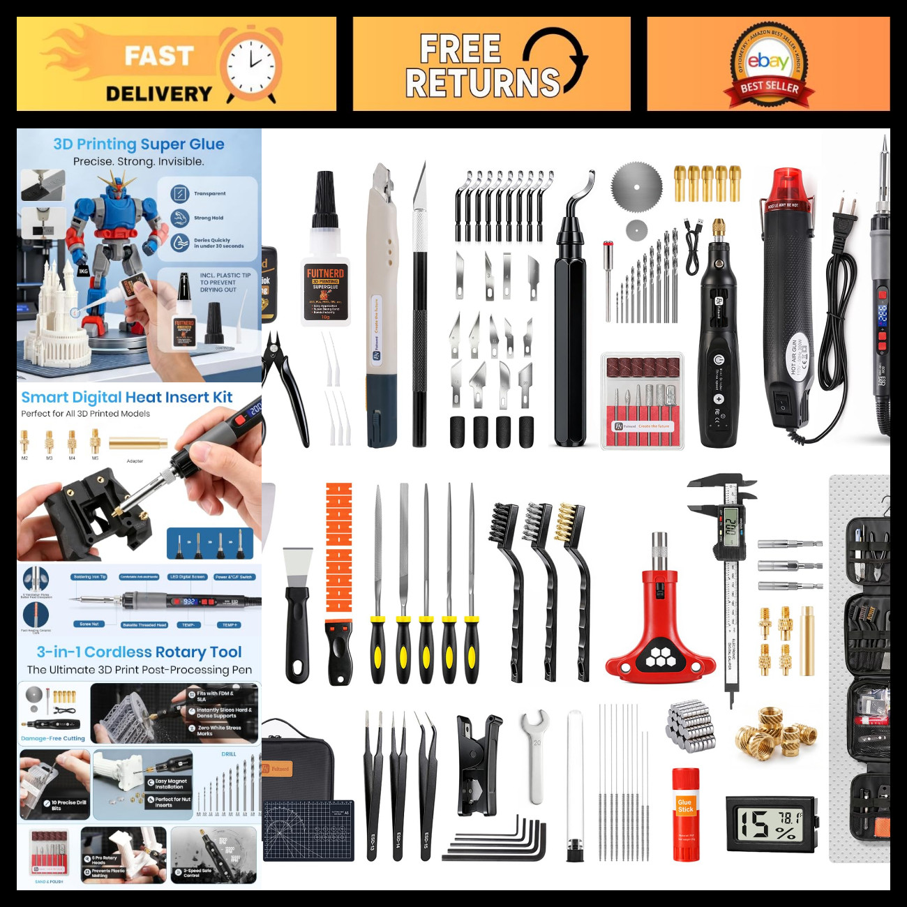 184Pcs 3D Printer Tool Kit with Organizer, Rotary Tool, Heat Gun & Soldering Iro