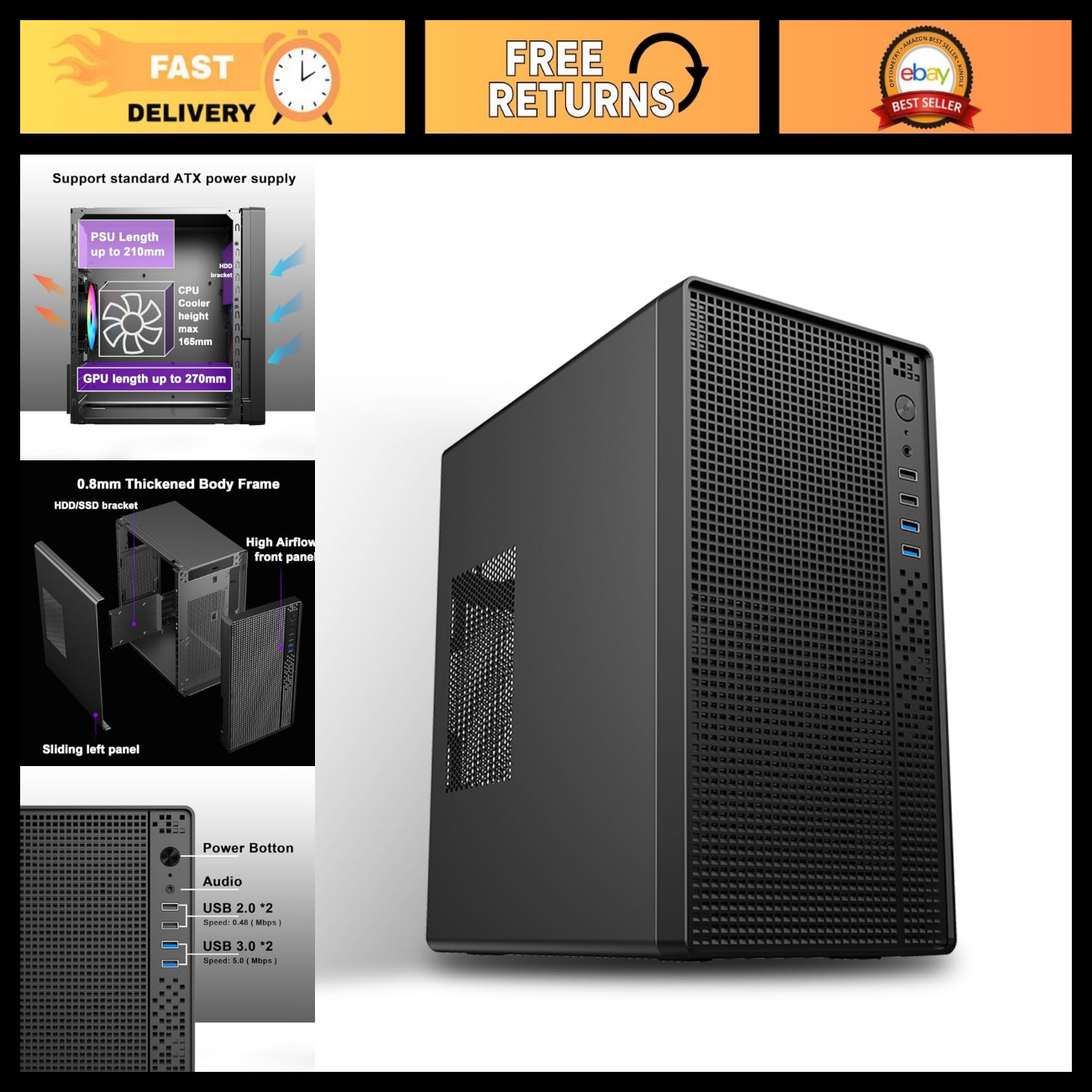 Micro ATX Mini Tower PC Case, 0.8mm SPCC Frame, Small Desktop Chassis for MATX/I