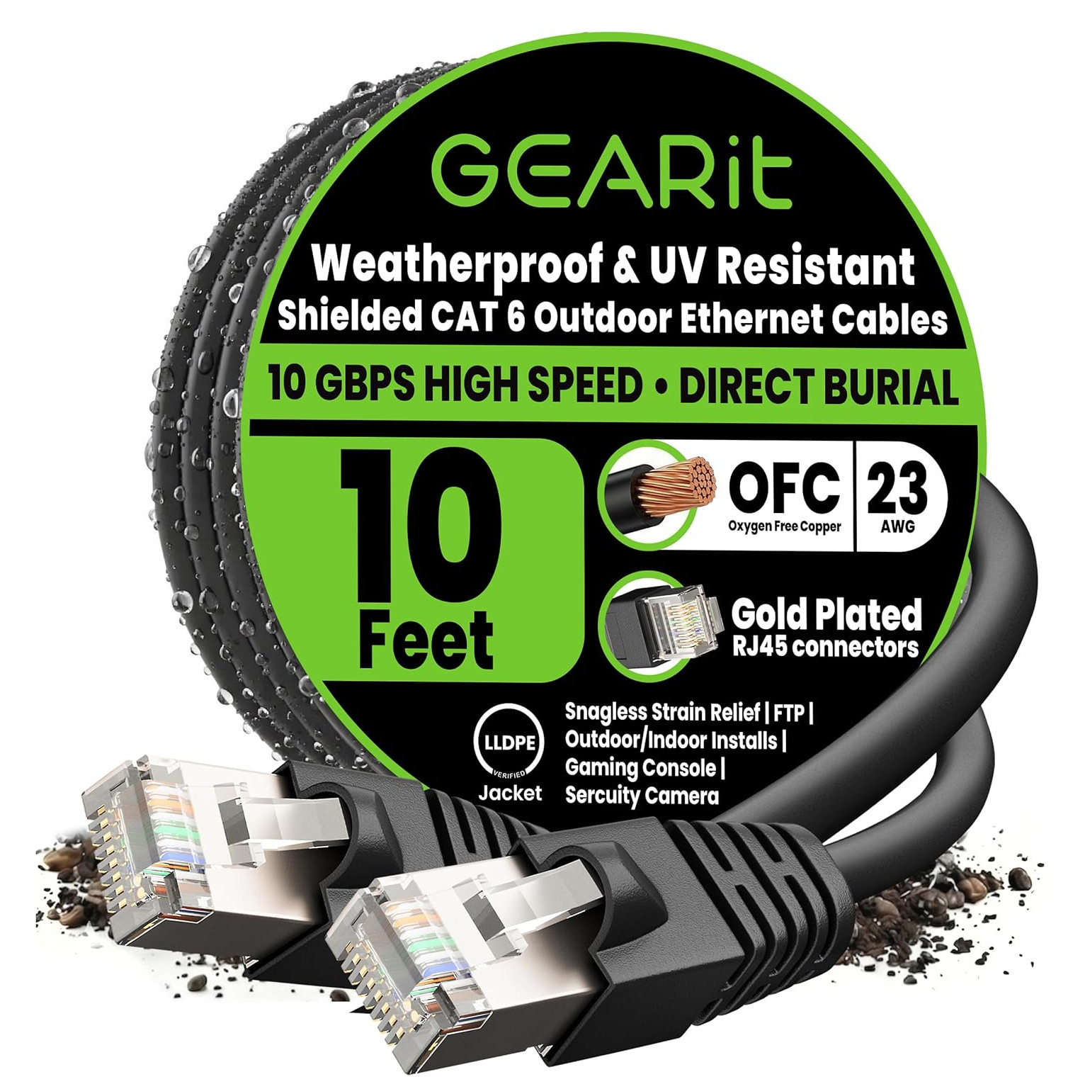 Cat6 Outdoor Ethernet Cable (10ft) 23AWG Pure Copper, FTP, LLDPE, Waterproof,...