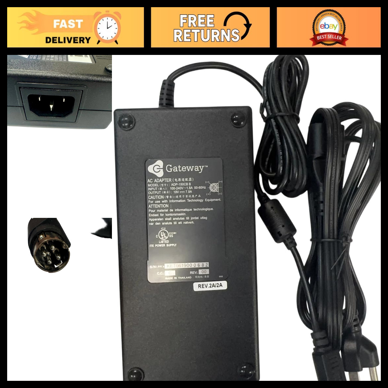 19V 7.9A 150W 4-Pin AC Adapter Replacement for Gateway M675 M350 Laptop Charger