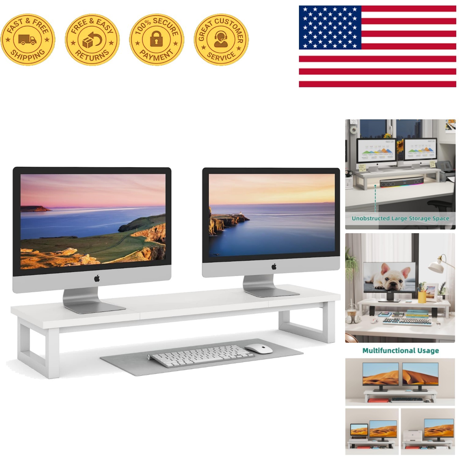 Elegant Dual Monitor Stand Riser - 39 Inch Desktop Organizer for Office & Home