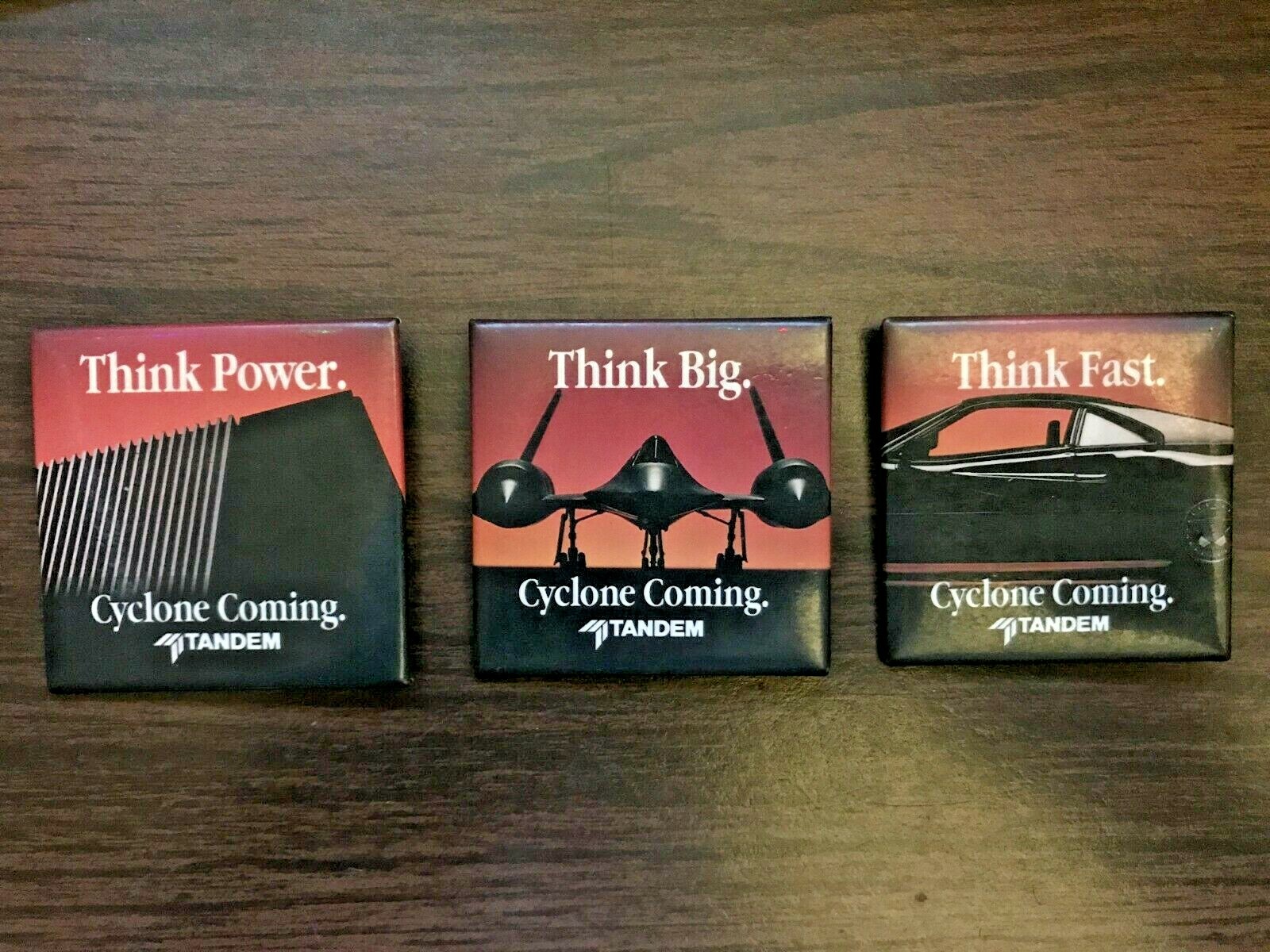 RARE Vintage Tandem Computers "Cyclone Coming." 3 Button Set w/Extra Tandem Pin