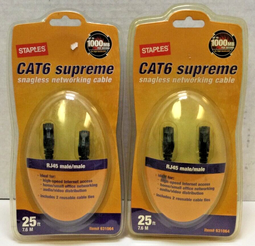 Staples CAT6 Supreme Snagless Networking Cable 25 ft | Pack of 2