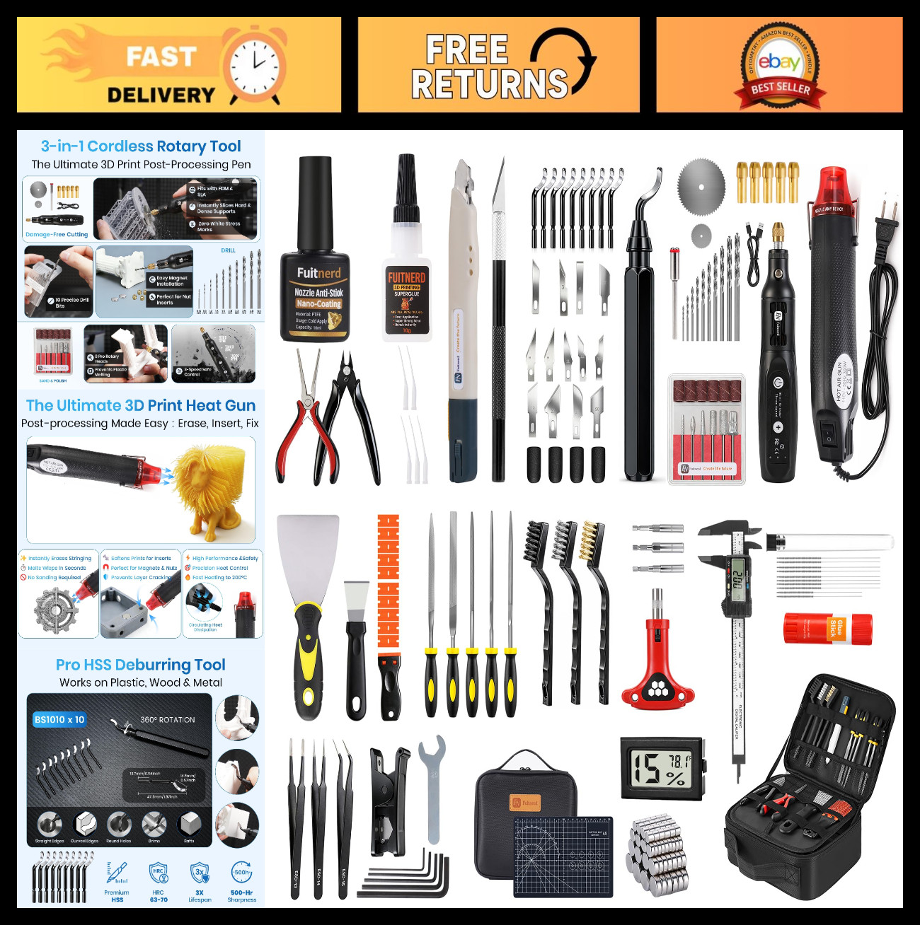 142Pcs 3D Printer Tool Kit - Rotary Tool, Heat Gun, Nozzle, Deburring Tools & Ca