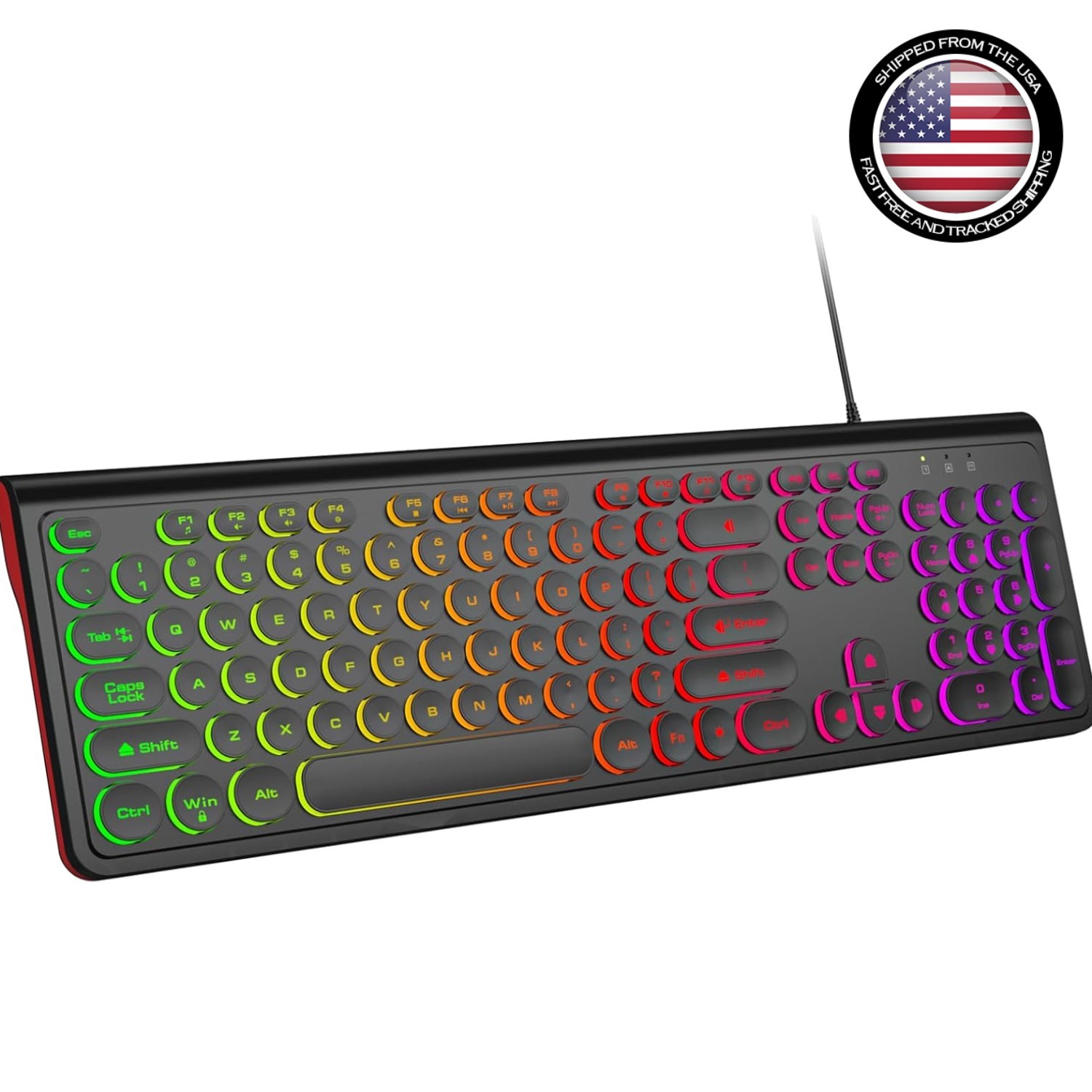 Retro Rainbow Backlit Wired Keyboard - Ergonomic with Hotkeys for PC & Laptop