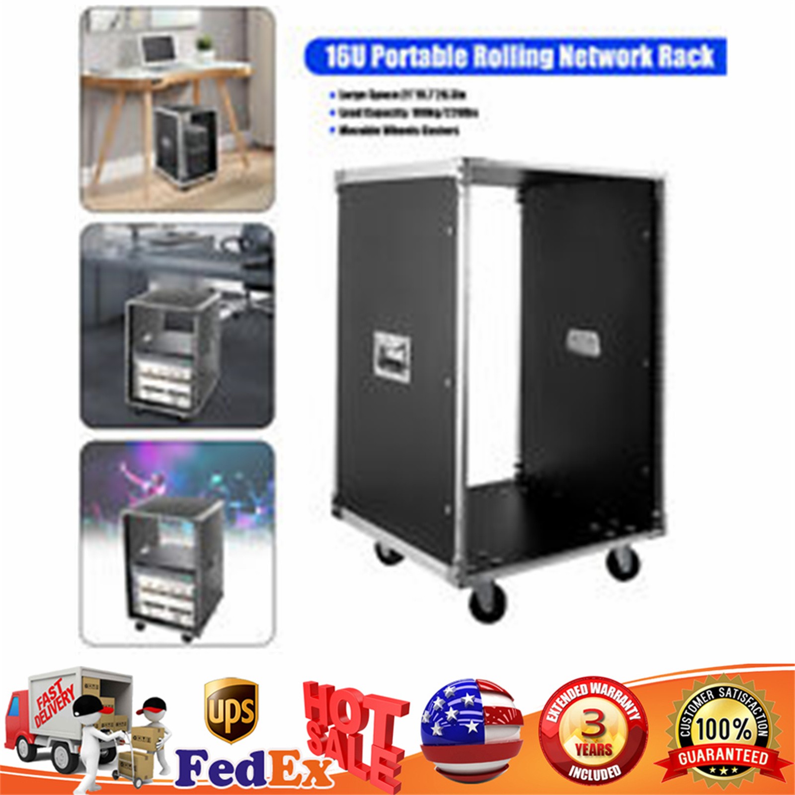 19 Inch 16U 4 Post Server Rack Open Frame Rolling Network Data Rack w/ Casters