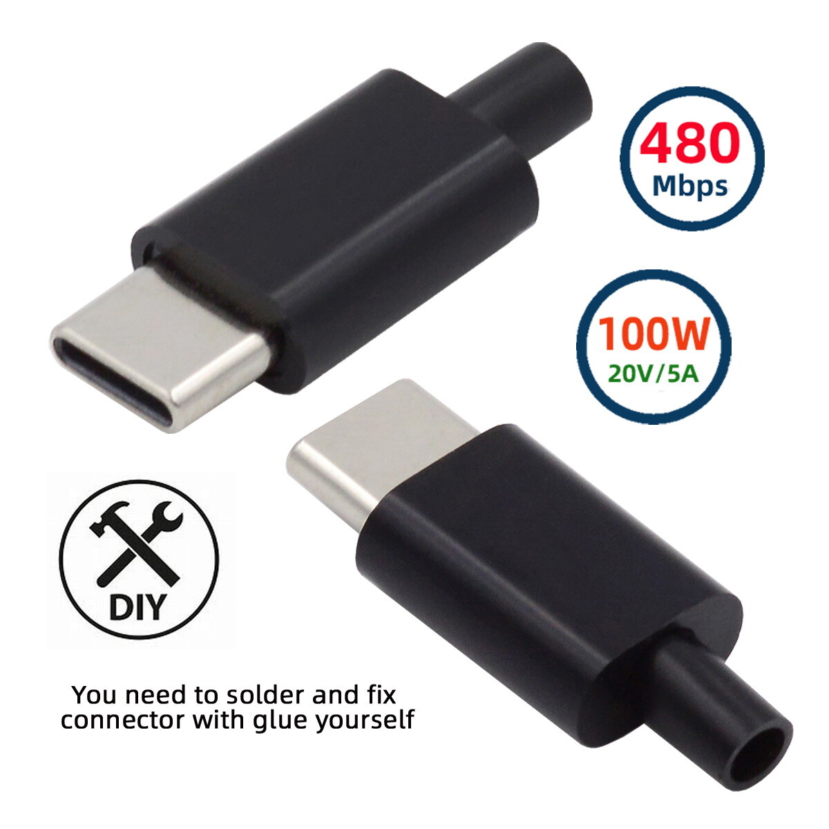 2sets DIY OEM 100W PD USB2.0 Data USB-C Male 24pin Connector with Housing Cover