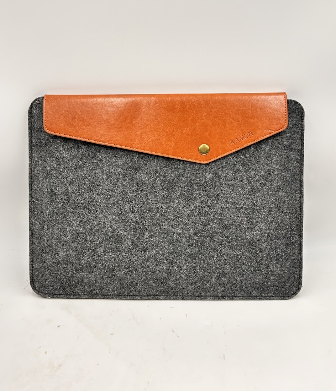 MERINO WOOL & COGNAC LEATHER FOLIO LAPTOP SLEEVE BRASS BUTTON CLOSURE by KAMOR
