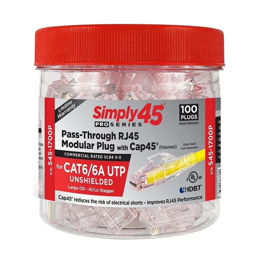 Simply45 ProSeries Cat6/6a S45-1700P PassThrough RJ45 Modular Plugs/Cap45-100PK