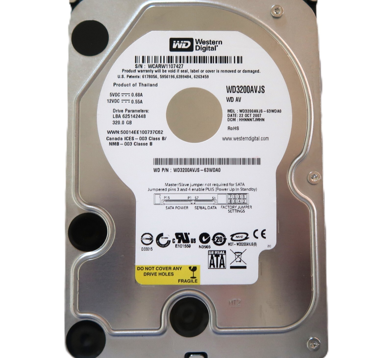 WD WD3200AVJS-63WDA0 HHNNNTJMHN (WCAR) 3.5" 320gb Sata 10/2007 Thailand