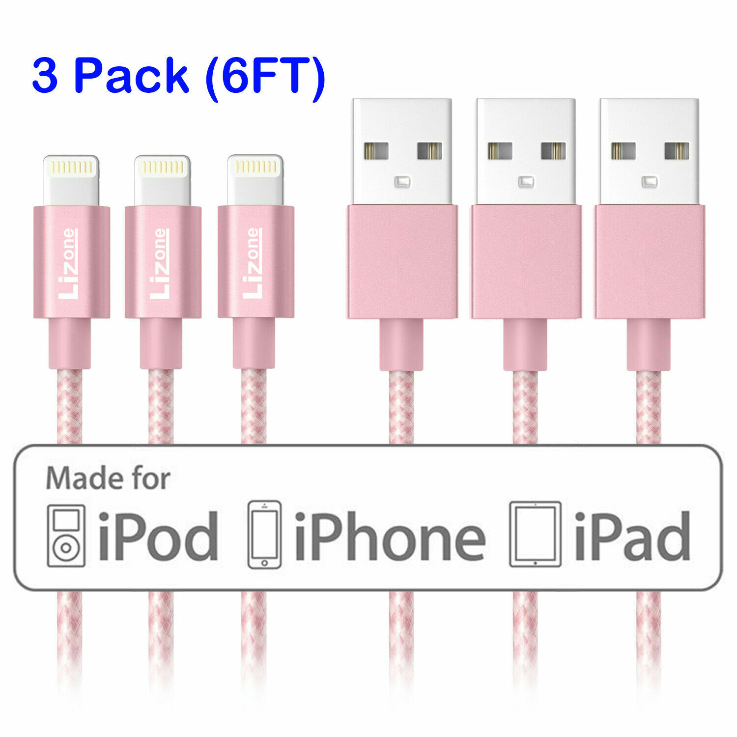 3X Lightning Cable 6Ft iPhone iPad iPod Charger Cord MFi Certified Nylon Rose
