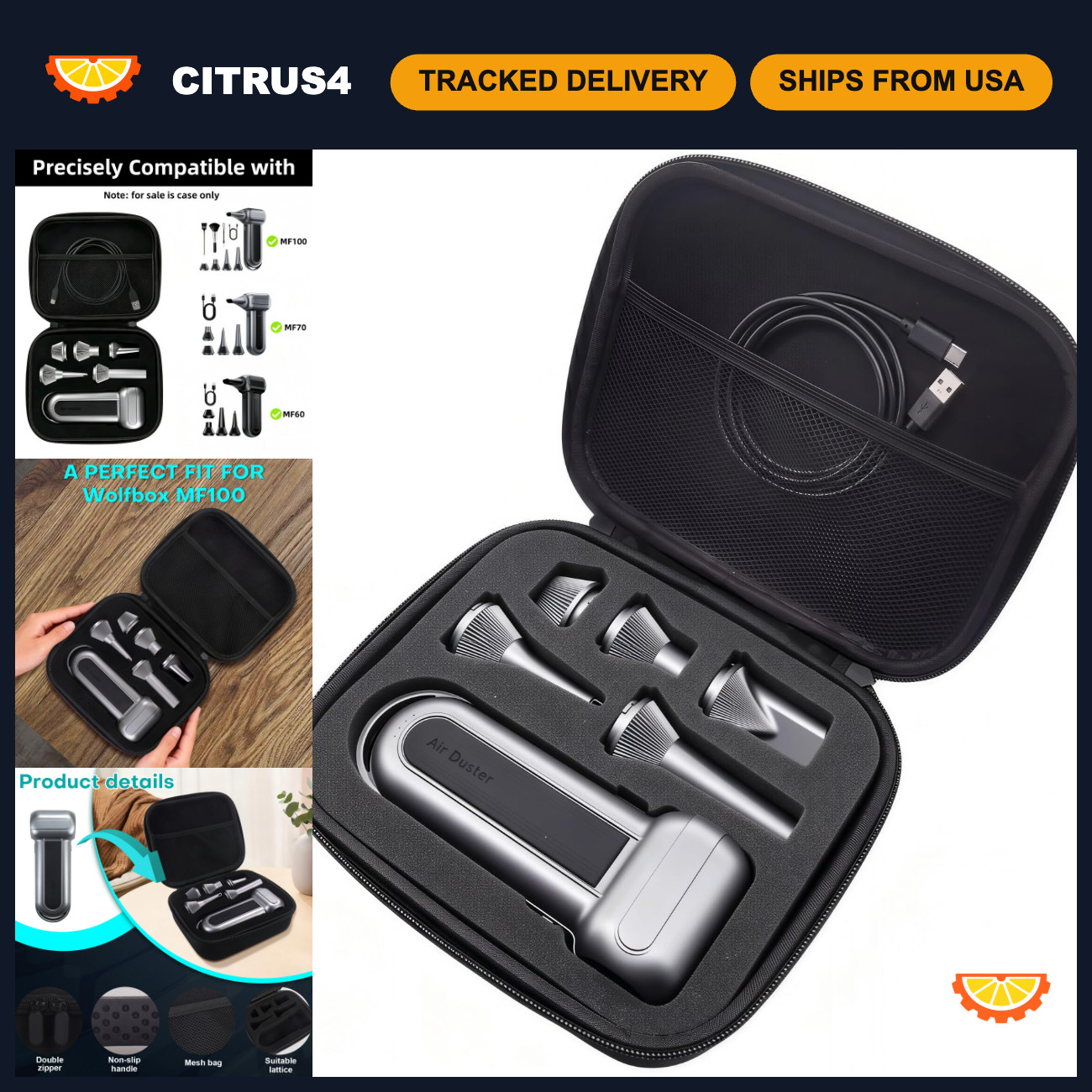 Hard Case for Electric Air Duster with Custom Sponge Insert & 5 Nozzles - Black