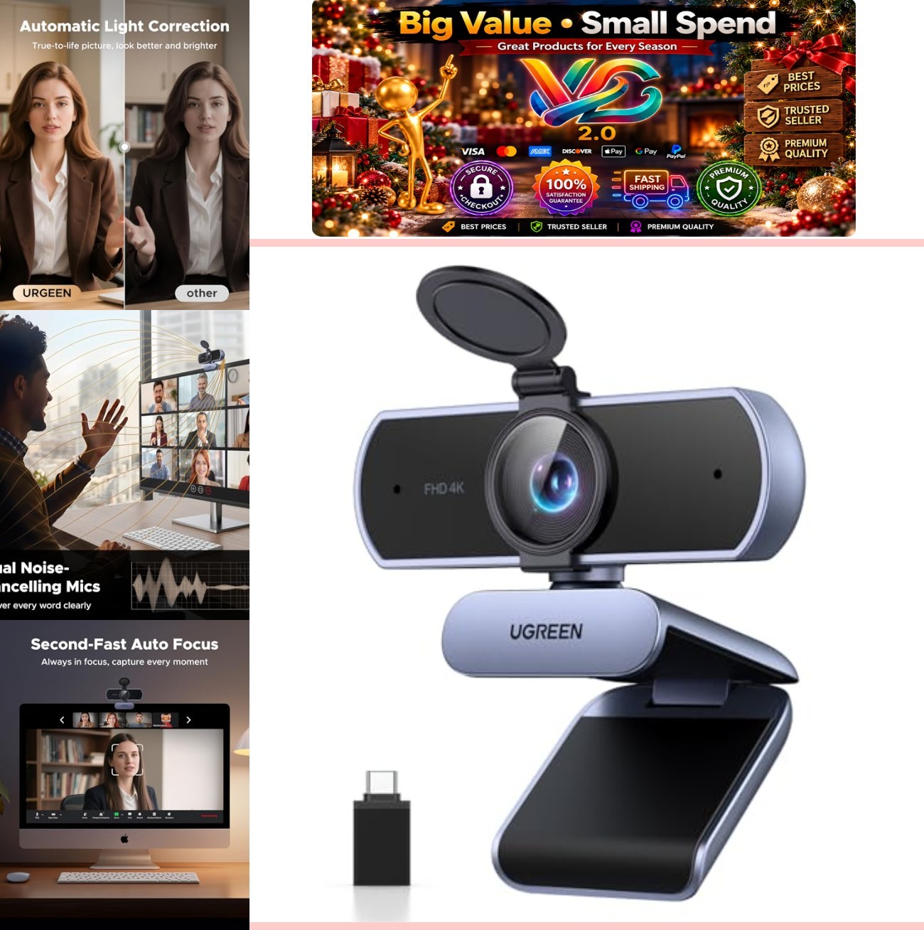 4K Webcam with Dual Microphone Privacy Cover Auto Focus USB PC Camera Gray