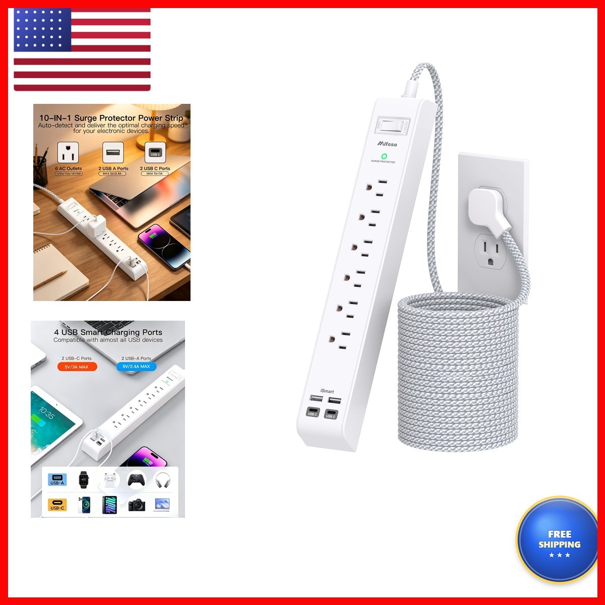 Mifaso Surge Protector Power Strip 25FT, 10-in-1 6 AC Outlets 4 USB Ports(2