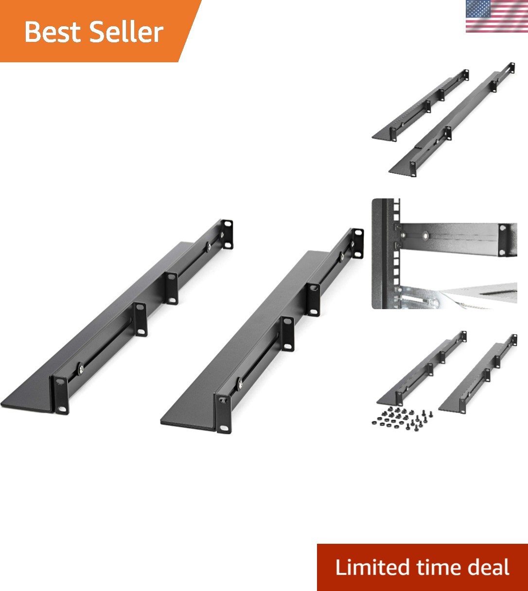 1U Black Rack Rails for 19" Devices - Durable Steel, 200lb Weight Limit
