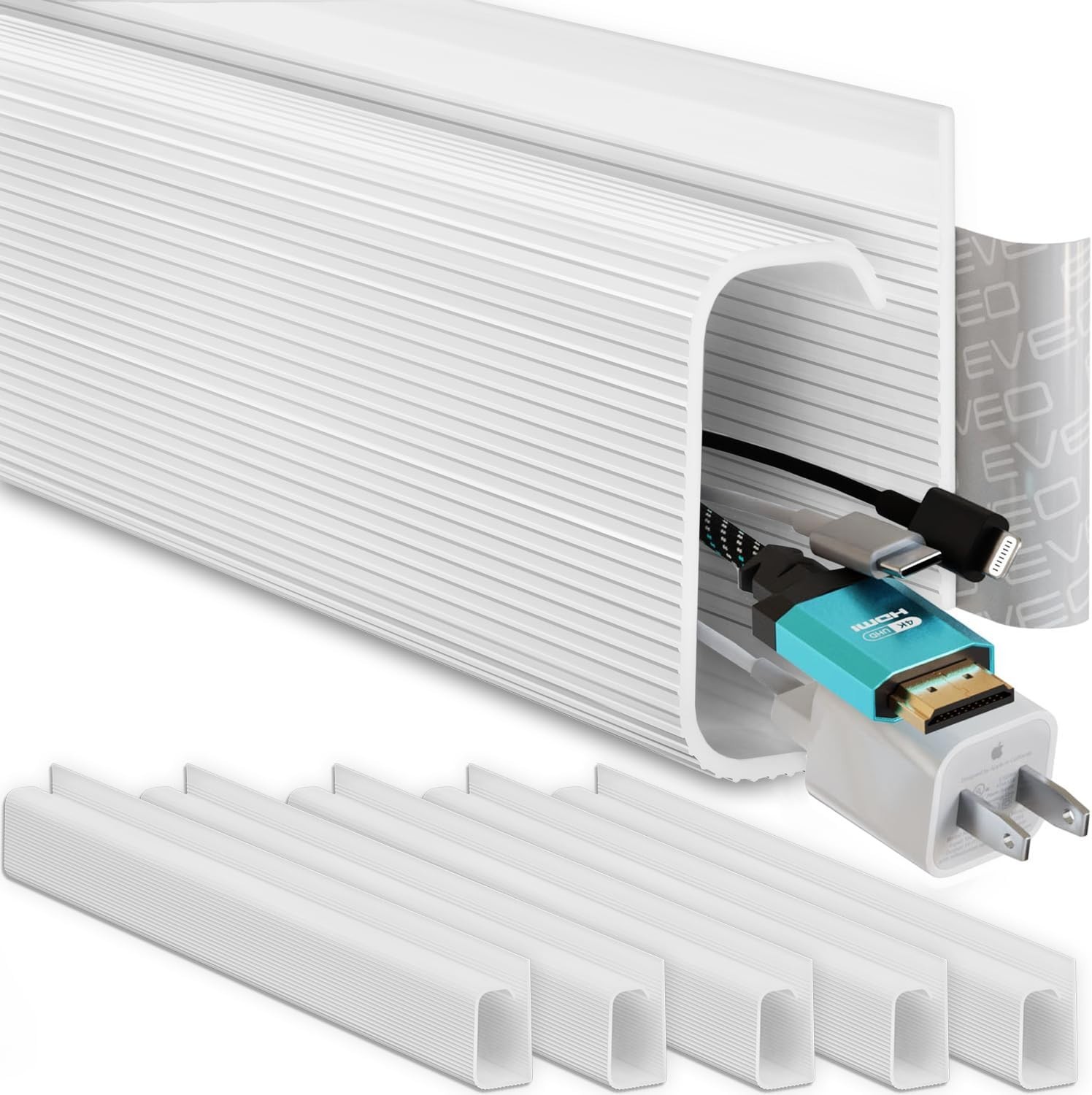 EVEO Cable Management J Channel 6 Pack Under Desk Cord Organizer Raceway White N