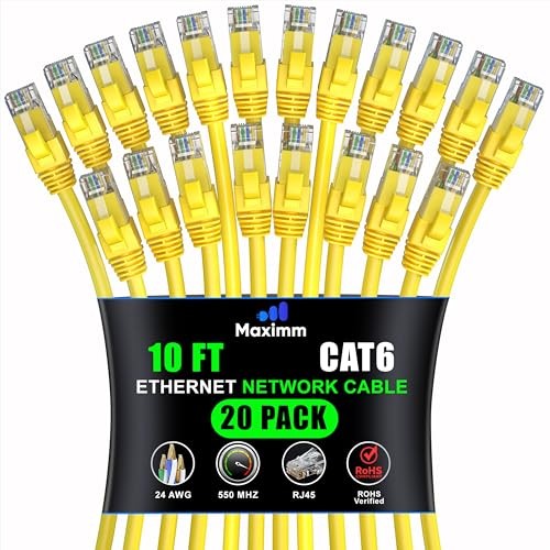 Maximm Cat6 Ethernet Cable 10 ft 20 Pack RJ45 Yellow 10Gbps 550MHz