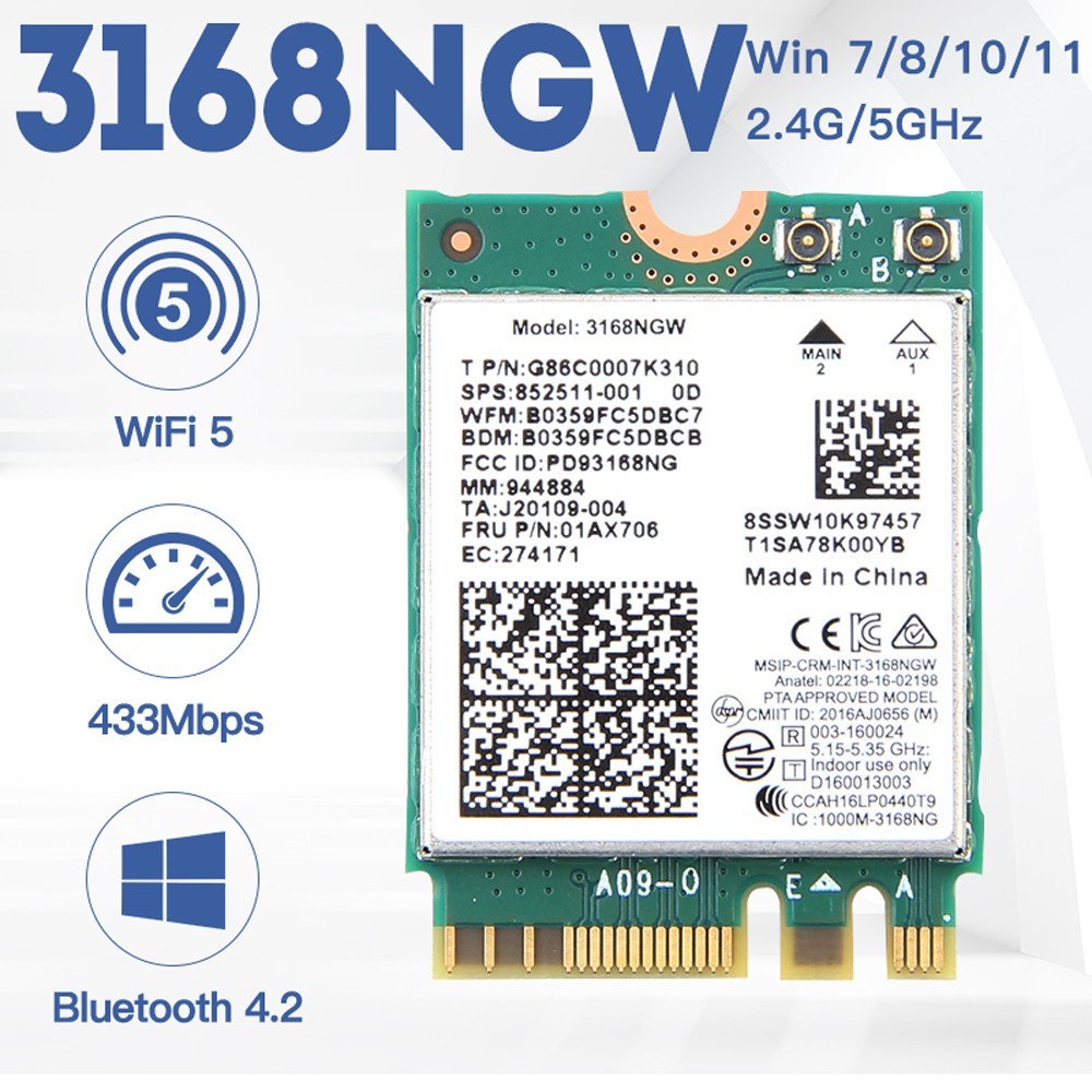 Intel 3168NGW Dual Band Wireless-AC WiFi Card 802.11ac M.2 BT4.2 Network Adapter