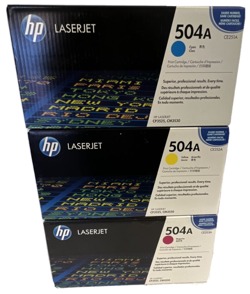 NEW SEALED HP 504A Tri Set (CE251A,CE252A,CE253A) Cyan, Yellow, Magenta