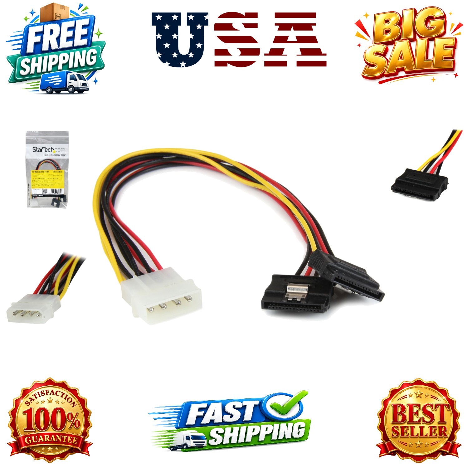 12in LP4 to 2x Latching SATA Power Y Cable Splitter Adapter - 4 Pin LP4 to Du...
