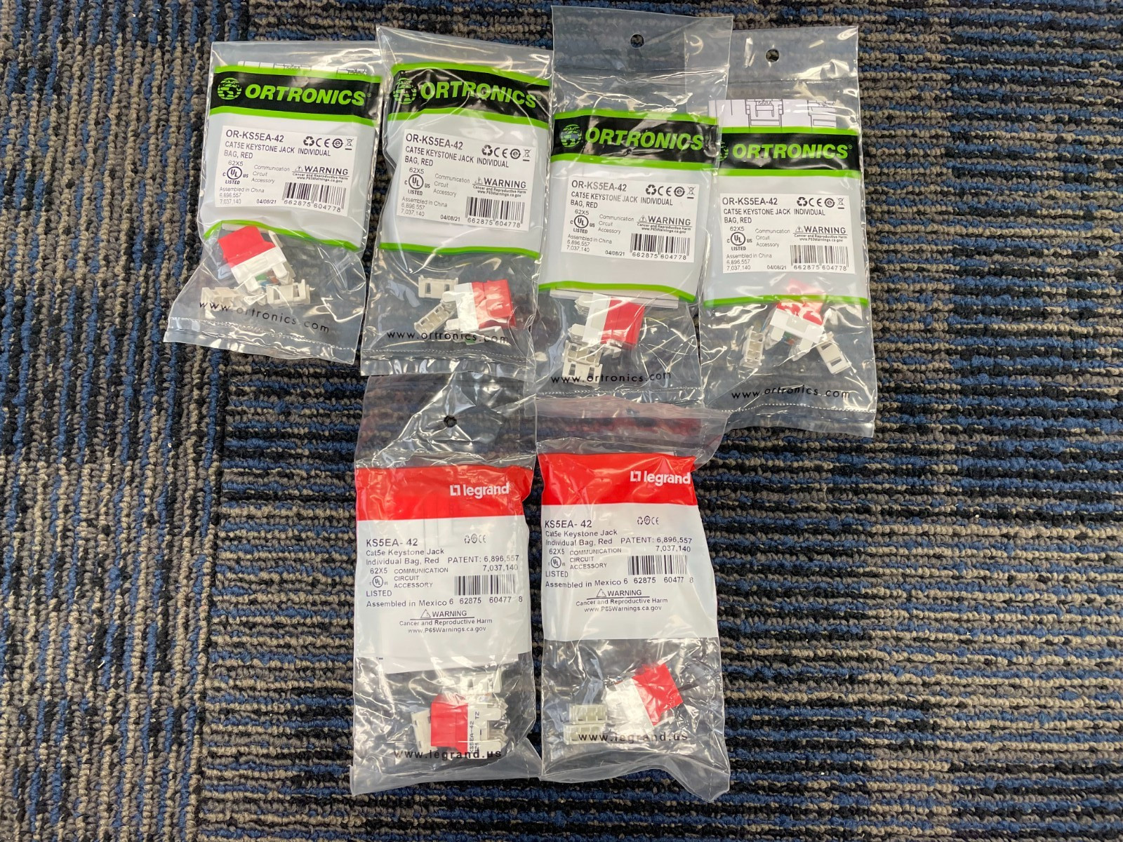 Lot of 6 Red Cat5e Keystone Jacks - OR-KS5EA-42, KS5EA-42
