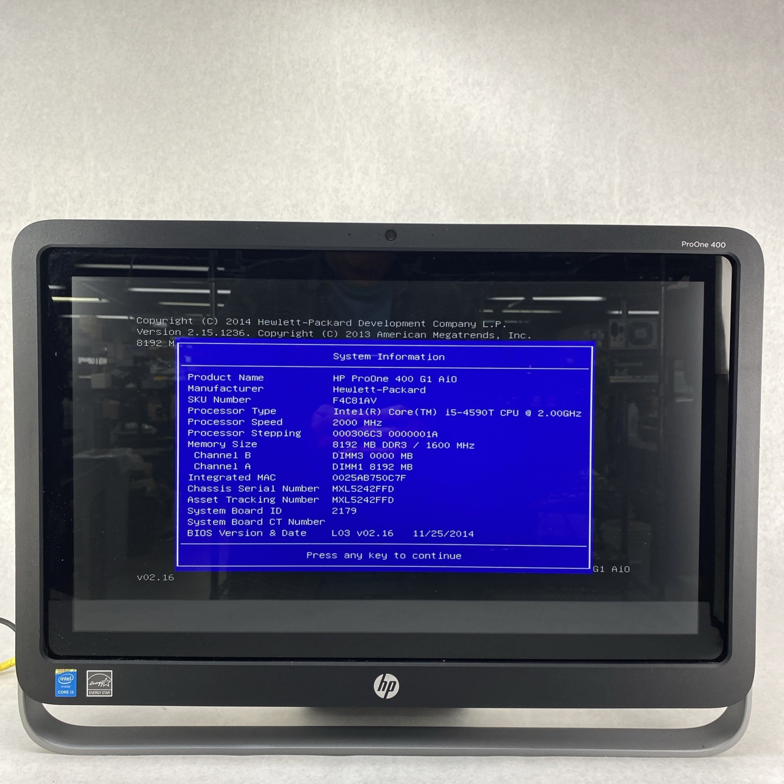 HP ProOne 400 G1 AIO 21.5" Touch Core i5-4590T 2.0GHz 1x8GB RAM No AC No HDD OS