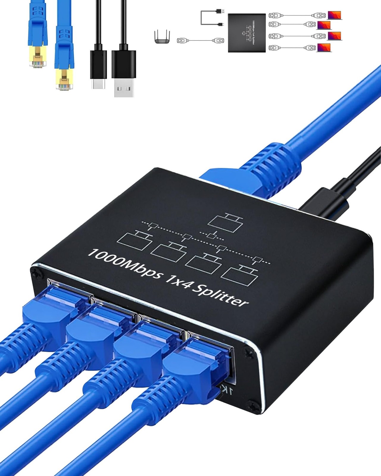 Gigabit Ethernet Splitter 1 to 4, 1000Mbps RJ45 Network Ethernet Switch Network