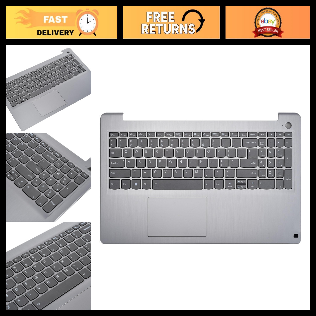 Replacement Upper Case Palmrest for 15" Laptop, Backlit Keyboard & Touchpad, Gra
