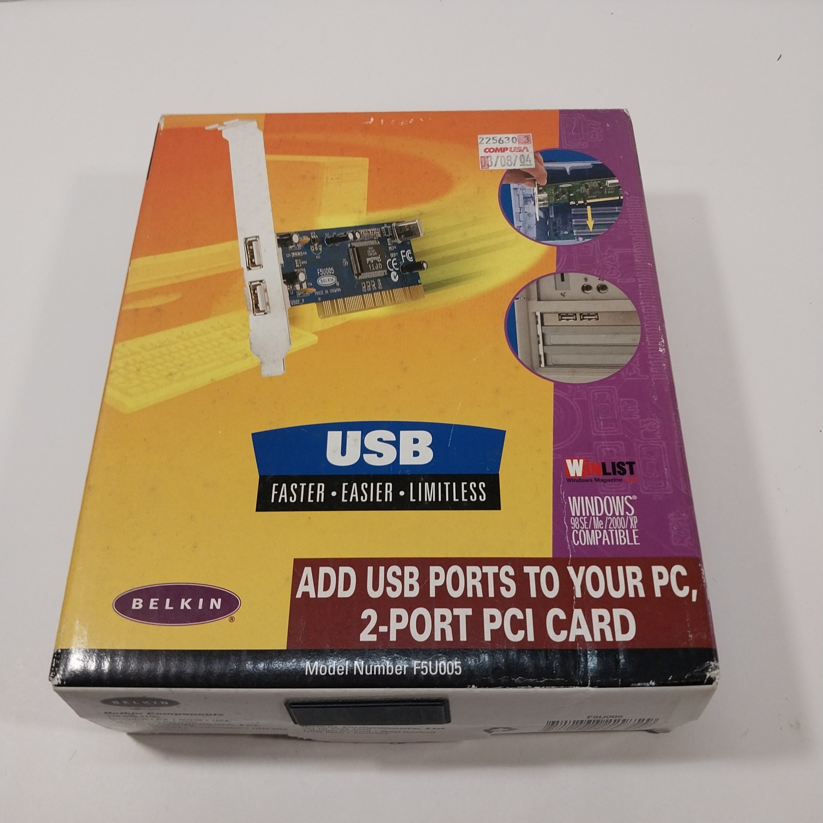 Belkin F5U005 USB 2-Port PCI Card Windows 98 SE ME 2000 XP Open Box Untested