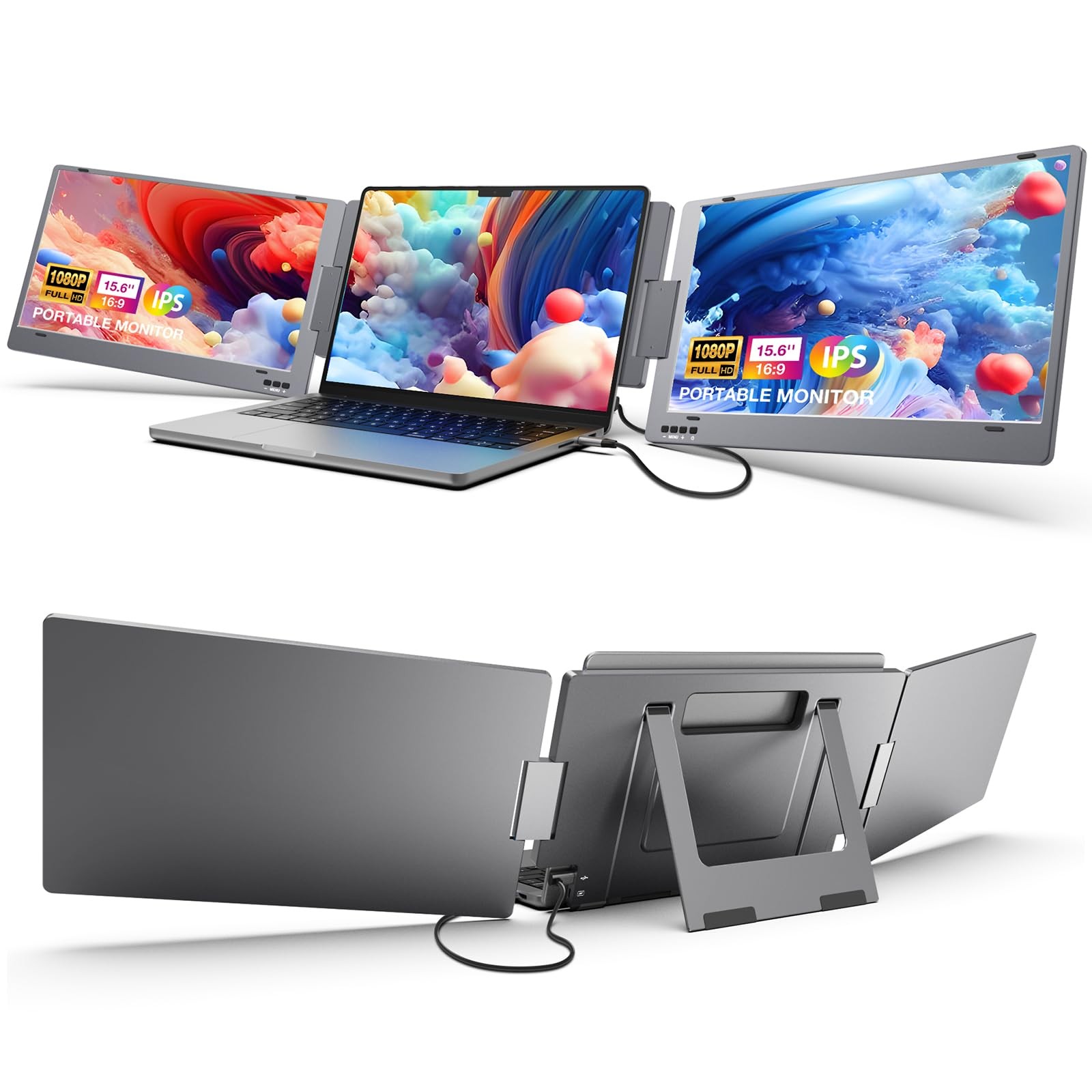 KYY Portable External Screen Triple Laptop Monitor Extender, 15.6" 1080P Grey