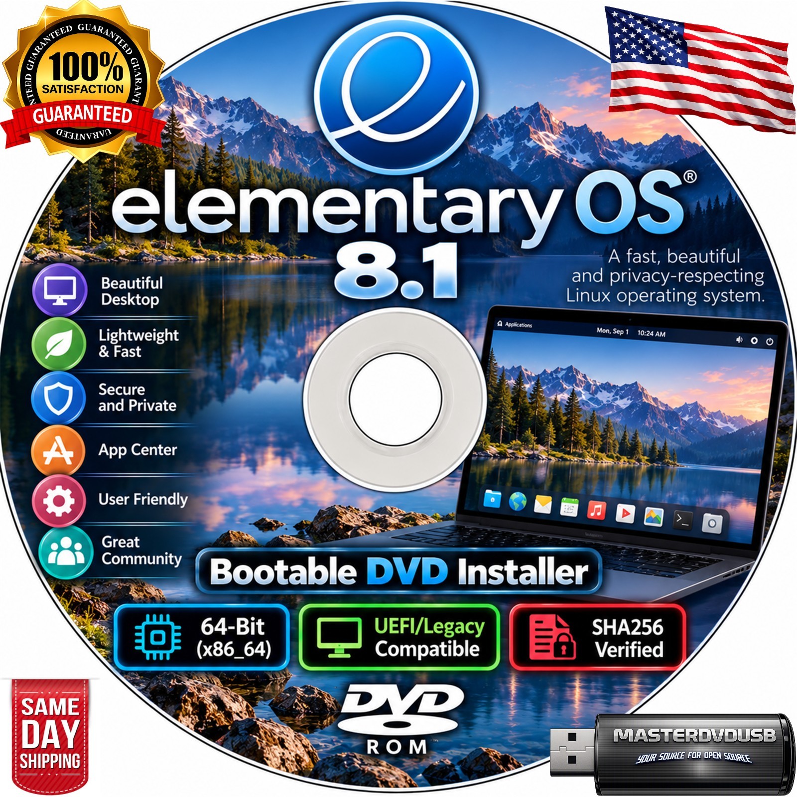 elementary OS 8.1 Bootable DVD Installer | UEFI/Legacy | 64-Bit SHA256 Verified