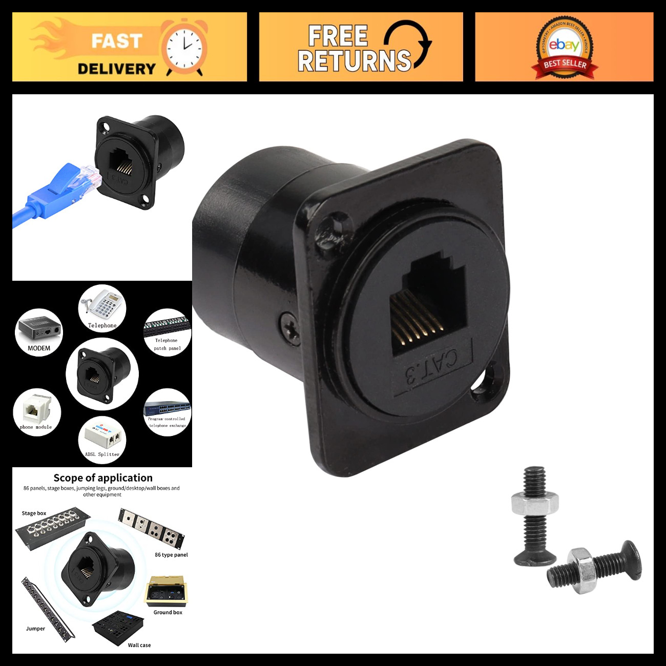 RJ11 RJ12 Panel Mount Feedthrough Connector CAT3 Female to Female Jack for Alarm