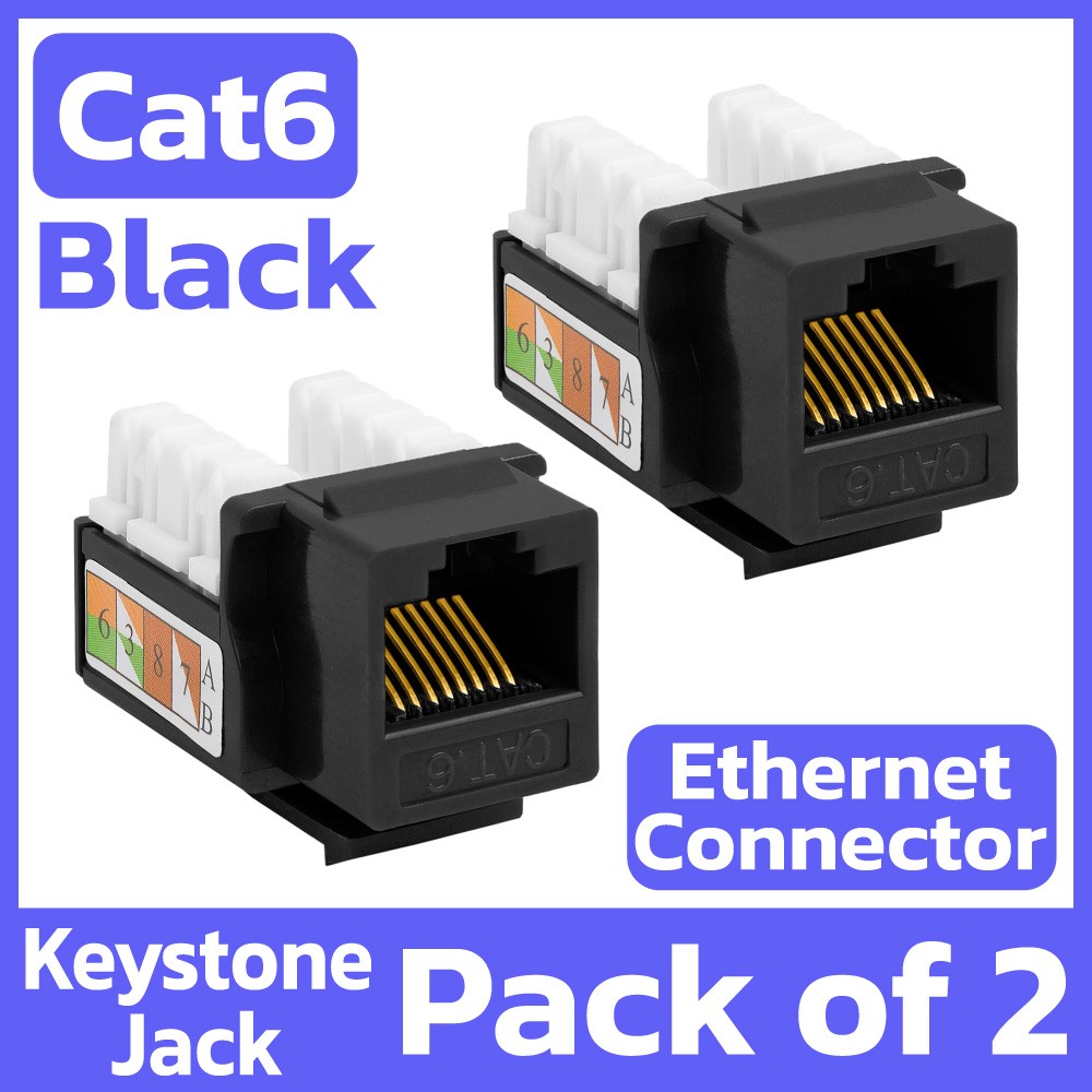 2 Pack Cat6 Keystone Jack Black RJ45 Ethernet LAN Network 110 Punch Down Snap-in